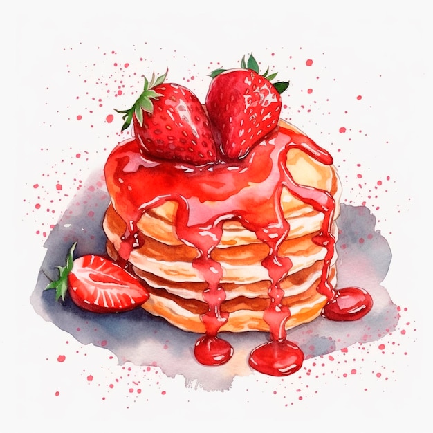 A painting of pancakes with red sauce and strawberries on top.