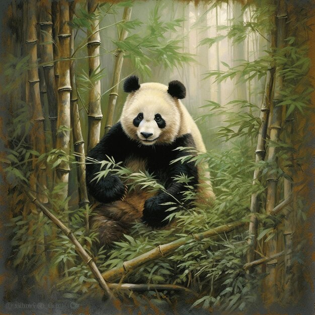 картина панды и бамбукового леса с бамбуковыми деревьями на заднем плане.