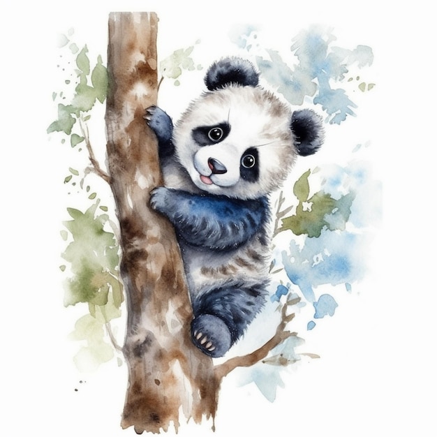 painting of a panda bear climbing a tree with a blue scarf generative ai