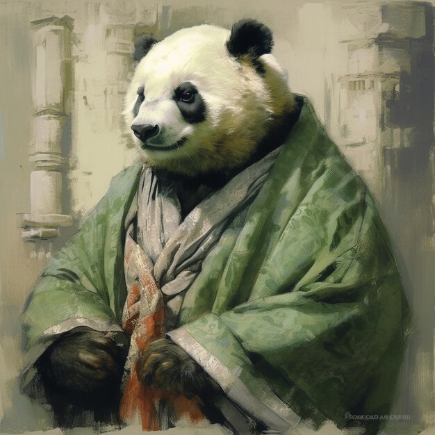 Painting of a panda bear dressed in a green robe generative ai
