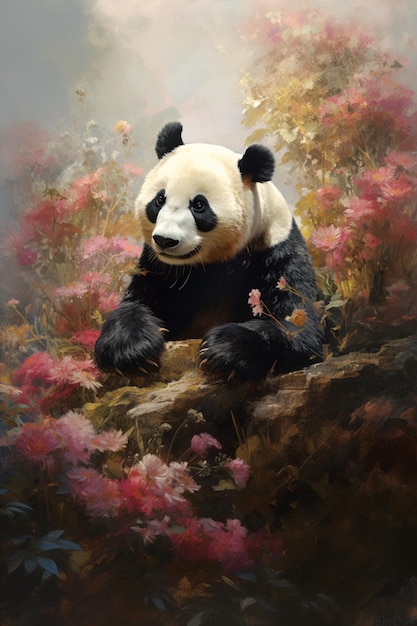 A painting of a panda bear in a field of flowers.