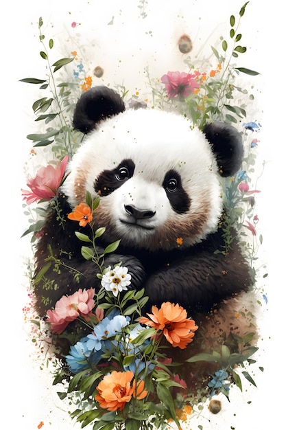 A painting of a panda bear in flowers.