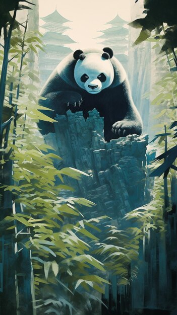 パンダの熊を描いた絵 背景に山が描かれている