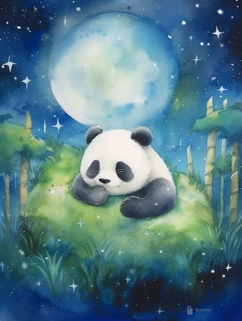 A painting of a panda bear on a grassy hill with the moon in the background