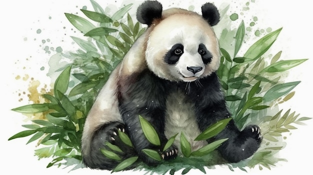 A painting of a panda bear in a jungle.