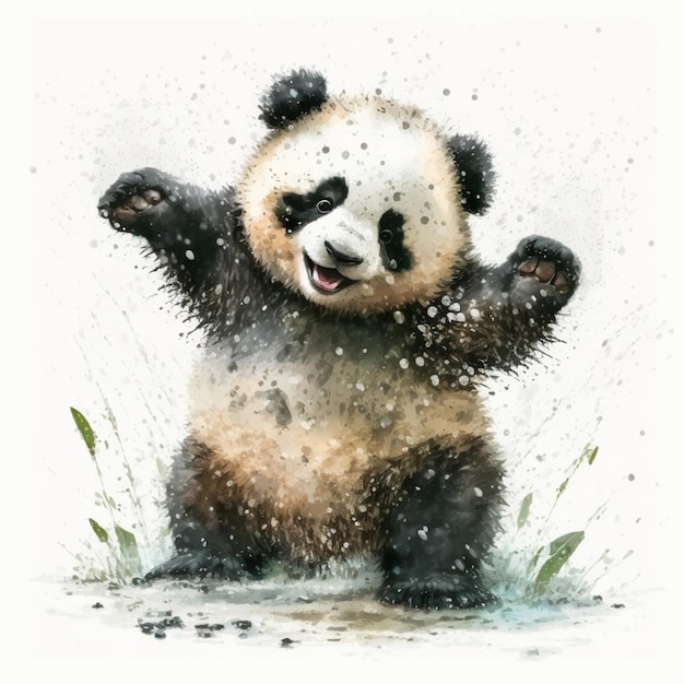 Картина медведя панды, играющего в воде с поднятыми лапами генеративный ИИ