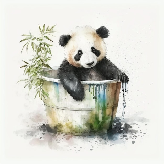 Painting of a panda bear sitting in a bucket with a plant generative ai