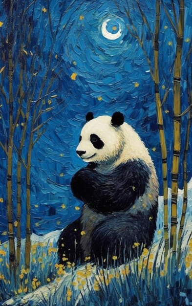 Painting of a panda bear sitting in the snow with a full moon in the background generative ai