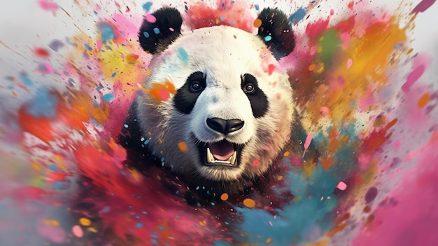 Картина медведя панды с разноцветными брызгами краски Generative AI