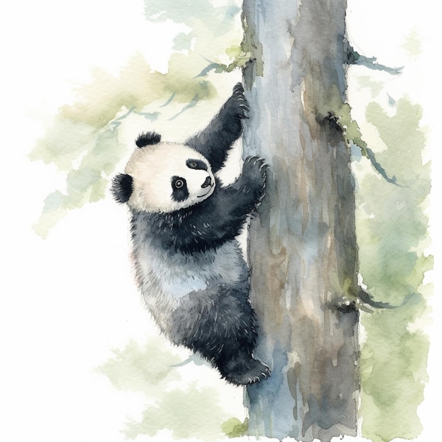 Painting of a panda climbing a tree with a white background generative ai