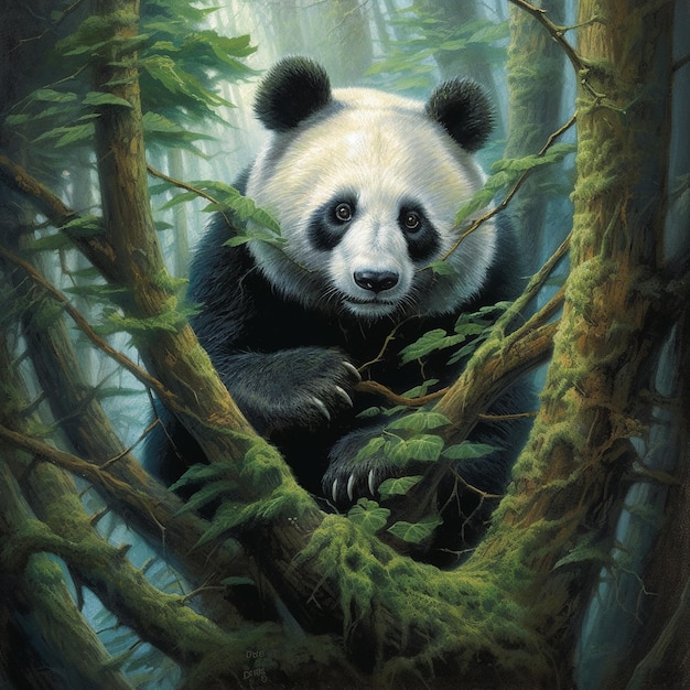 a painting of a panda in a forest with trees and a painting of a panda.