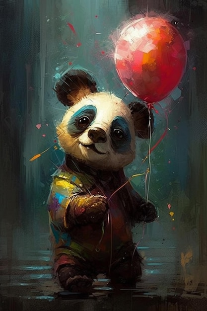 A painting of a panda holding a red balloon.