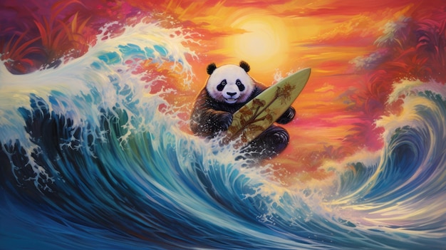 a painting of a panda holding a surfboard in the water.