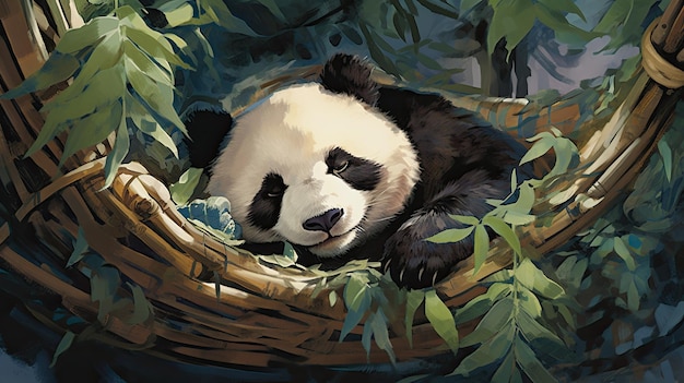 a painting of a panda sleeping in a basket with leaves and a black and white panda.