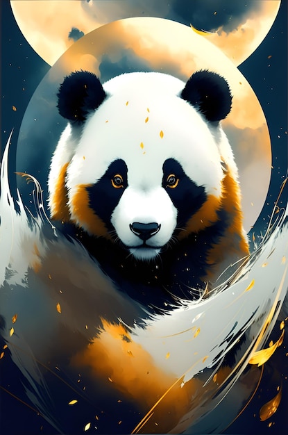 A painting of a panda with a black background and the word panda on it.