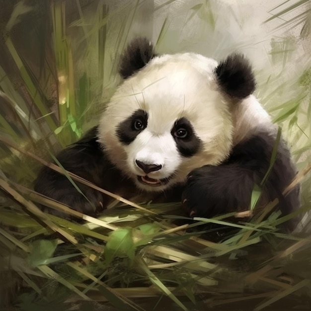 a painting of a panda with a black nose and a white face.