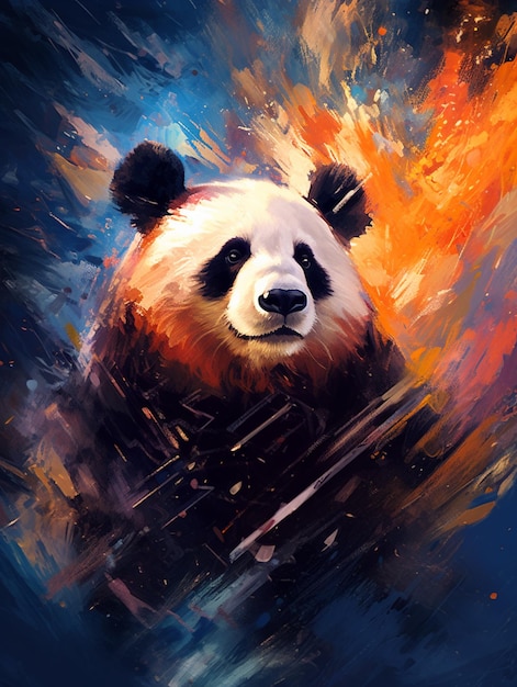 A painting of a panda with a black nose and white fur.