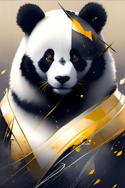 A painting of a panda with gold and black feathers.