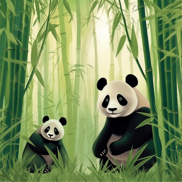 A painting of pandas in a bamboo forest with green leaves