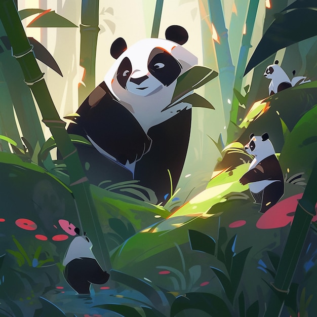 A painting of pandas in a forest with a light shining on them.