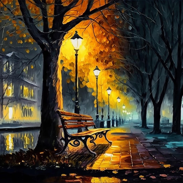 Картина парка со скамейкой и уличными фонарями.