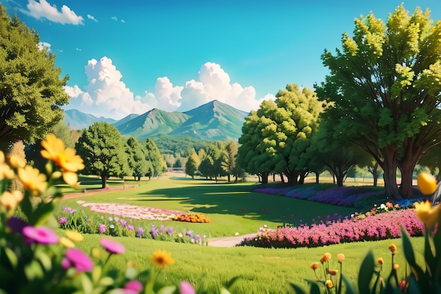 A painting of a park with a flower garden in front of a mountain.