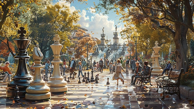 Photo a painting of a park with a lot of people in it