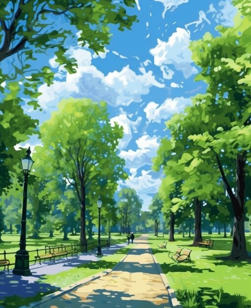 Painting of a park with a path and trees and a bench generative ai