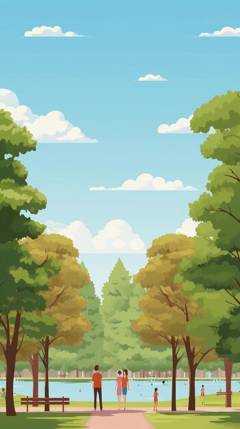 a painting of a park with trees and a blue sky