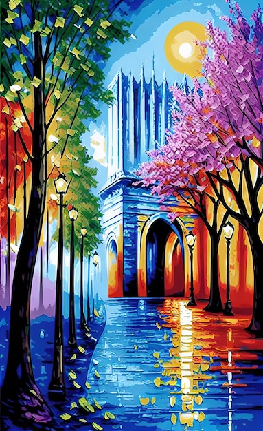 A painting of a park with trees and lights