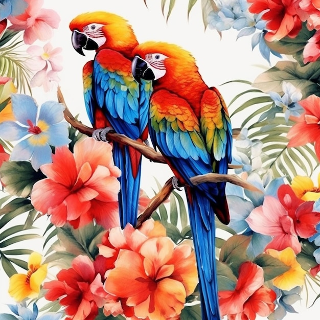 A painting of a parrot and a parrot on a branch