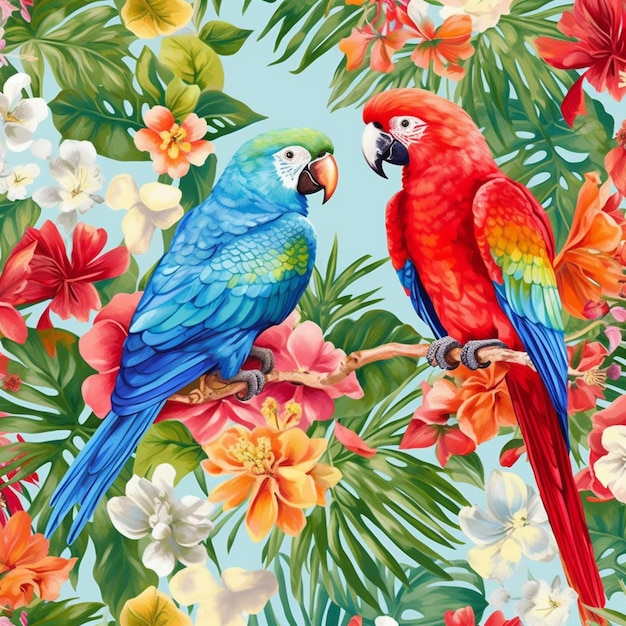 A painting of a parrot and a parrot on a branch.