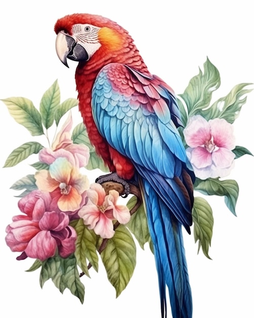 Painting of a parrot sitting on a branch with flowers generative ai