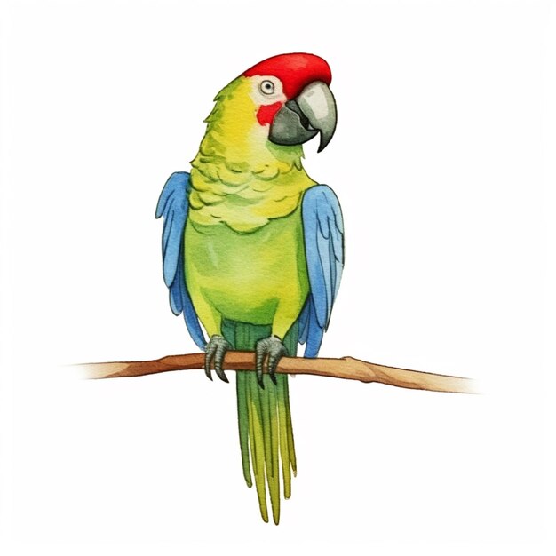 Photo painting of a parrot sitting on a branch with a red hat generative ai