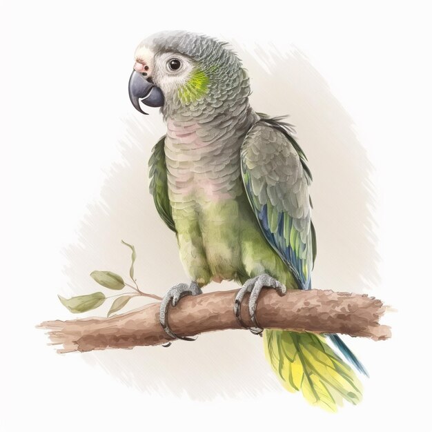 Painting of a parrot sitting on a branch with a white background generative ai