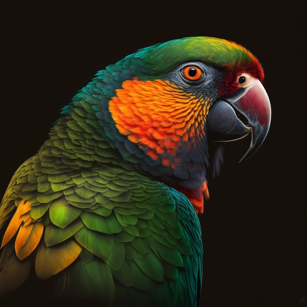 A painting of a parrot with bright orange and green feathers.