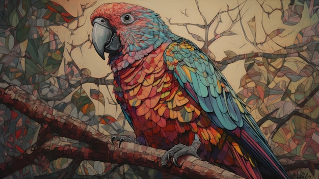 A painting of a parrot with colorful feathers