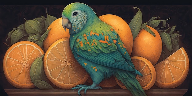 A painting of a parrot with oranges on it