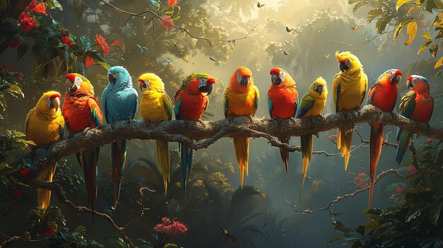 Photo a painting of parrots on a branch with the sun behind them