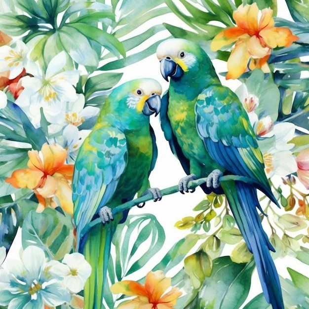 A painting of a parrots on a branch with tropical flowers.