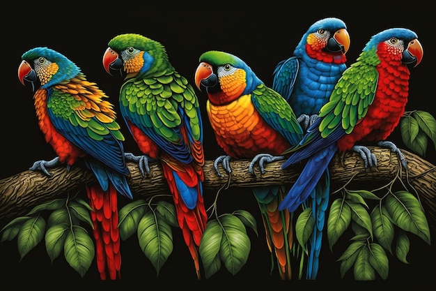 A painting of parrots on a branch