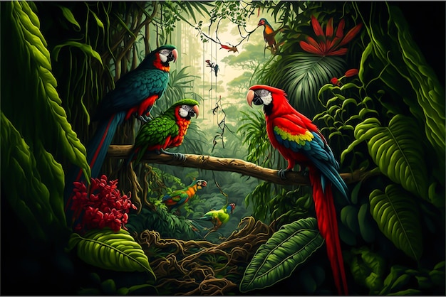 A painting of parrots in a jungle with a butterfly on the branch.