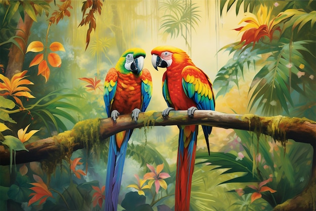 A painting of parrots in a jungle with a butterfly on the branch