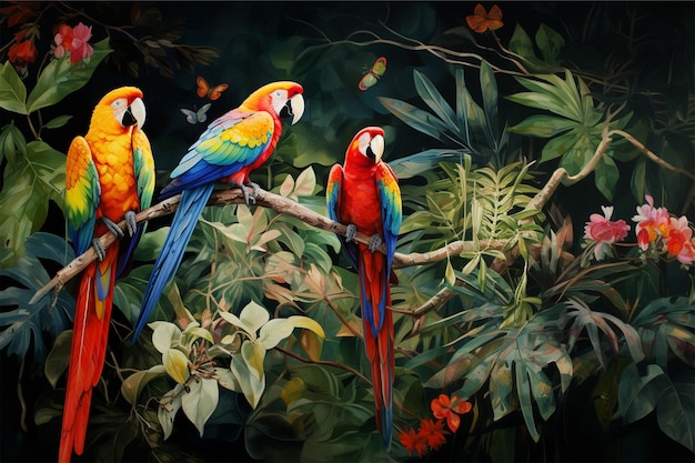 A painting of parrots in a jungle with a butterfly on the branch