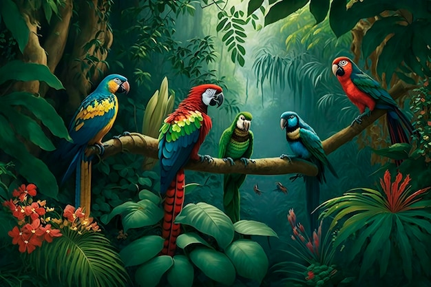 A painting of parrots in a jungle with green leaves