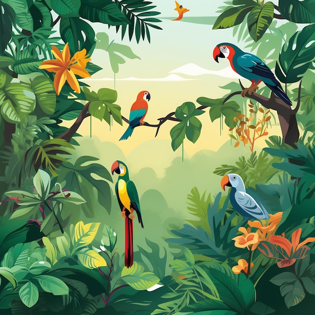 a painting of parrots in the wild with the background of the forest