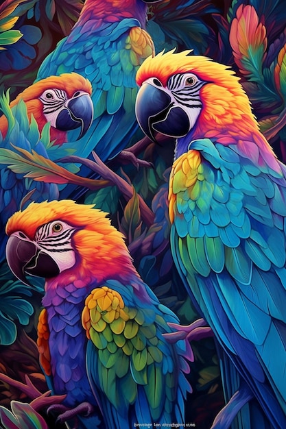 A painting of parrots with colorful feathers on their wings.