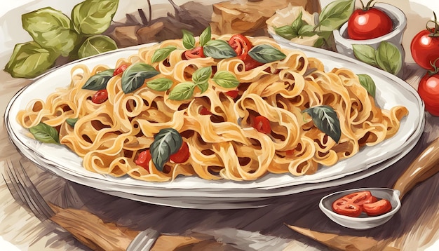 a painting of a pasta dish with tomatoes and basil