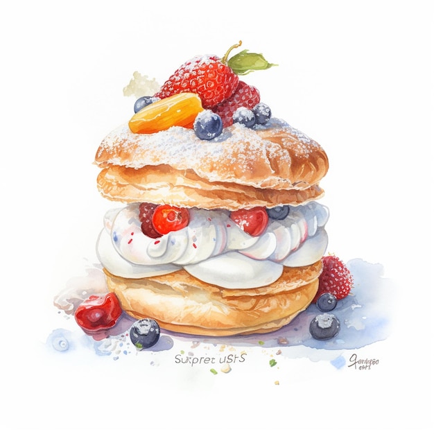 A painting of a pastry with fruit on it