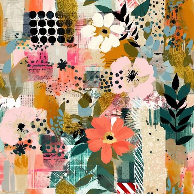 A painting of a patchwork floral pattern with a variety of flowers generative ai